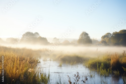 early morning mist rising from a wetland
