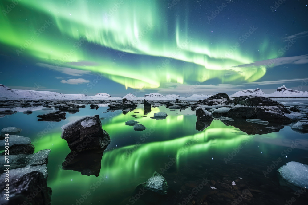 Northern cold nature iceland snow winter aurora night sky green mountains landscape