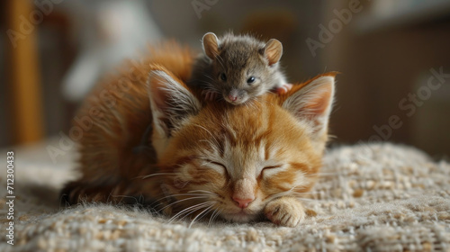 The mouse is sitting on the cat's head.