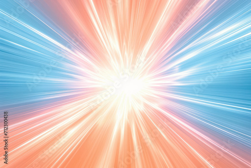 Peach and light blue graduated background with radiating bright light trails emitting from vanishing point 