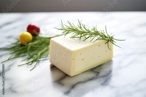 aged havarti cheese with dill sprigs on a marble surface photo