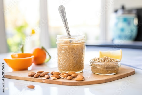 almond butter spread on toast in mid-spread, jar and knife in background photo