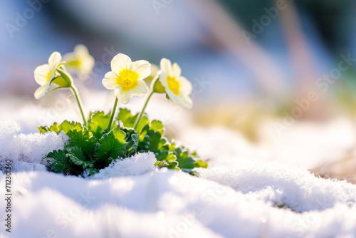 View of white spring flowers in snow park. New fresh primroses blossom in beautiful morning with sunlight. Wildflowers in the nature. Copy space