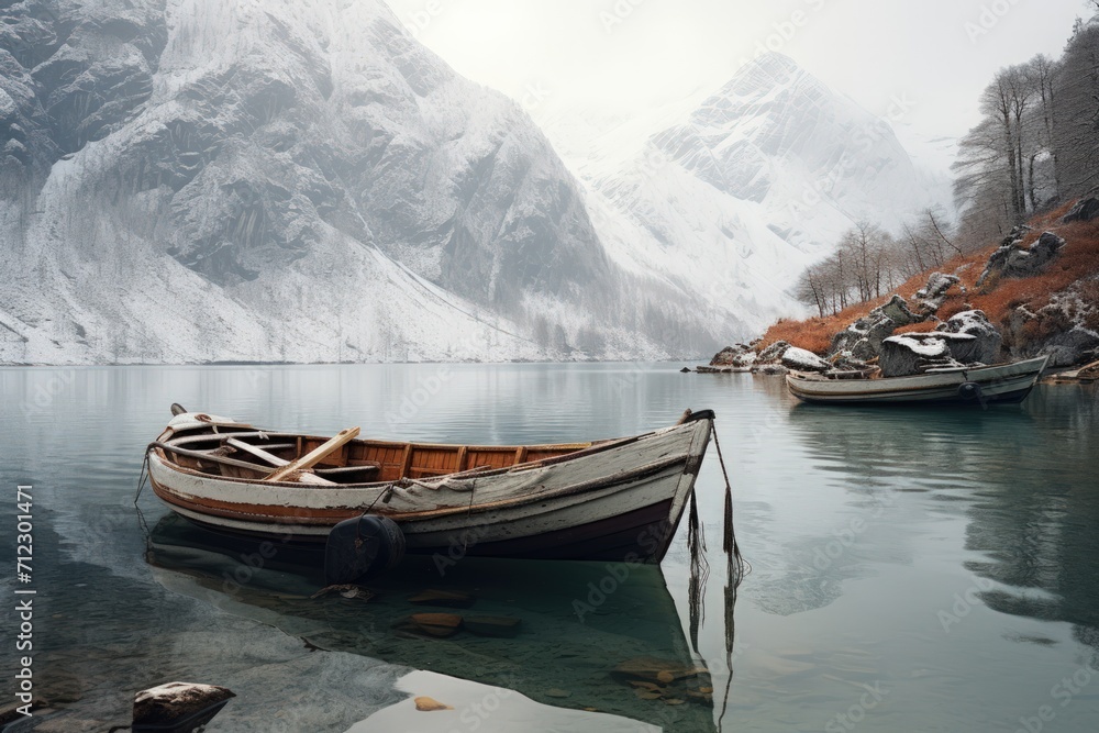 Boats in a scenic lake and snowy mountains. Generate AI image