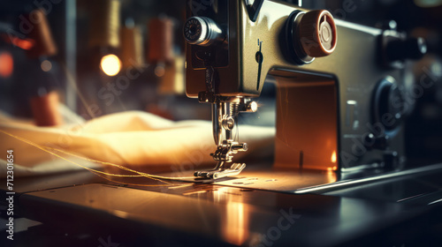 Close-up shot of sewing machine needle with defused light and kitchen blurred background photo