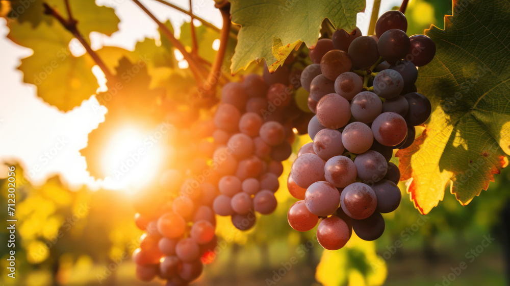 Close up view of ripening grapes in vineyard, setting sun in background 