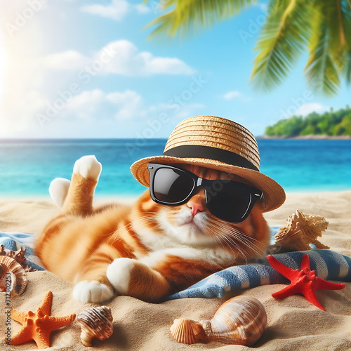 Amusing Cat in Hat and Sunglasses Relaxing on Sandy Beach on a Sunny Summer Day