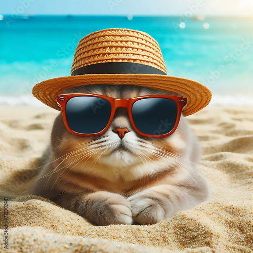 Amusing Cat in Hat and Sunglasses Relaxing on Sandy Beach on a Sunny Summer Day © AyeBeeKayyy