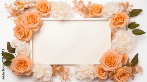 Peach coloured roses surrounding empty space for message, in the theme of 'love'