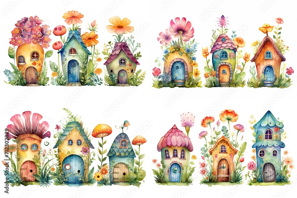 watercolor cartoon illustration collection set, fairytale flower house, small village, isolated on white background, idea for sticker and junk journal clipart, Generative A