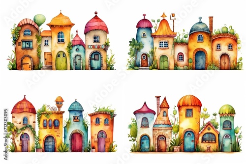 watercolor cartoon illustration collection set, fairytale garden house, isolated on white background, idea for sticker and junk journal clipart, Generative A