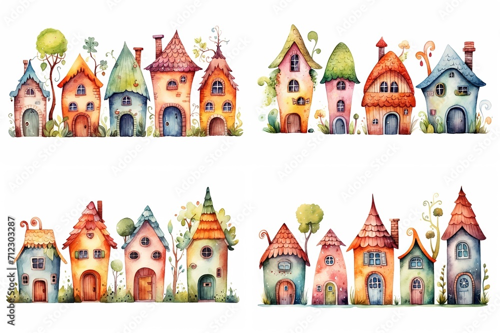 Naklejka premium watercolor cartoon illustration collection set, fairytale garden house, isolated on white background, idea for sticker and junk journal clipart, Generative A