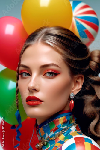 The image features a female model with braid hairstyle holding colorful balloons. She wears red lipstick and matching earrings, and her colorful outfit matches the balloons.