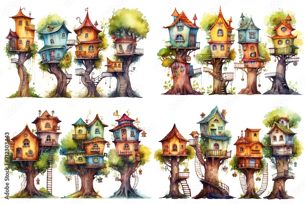 watercolor cartoon illustration collection set, cute treehouse in garden, isolated on white background, idea for sticker and junk journal clipart, Generative A