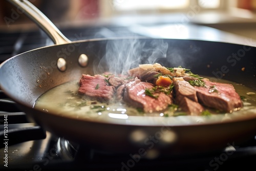 process shot of beef being sauteed in a pan, pre-stroganoff