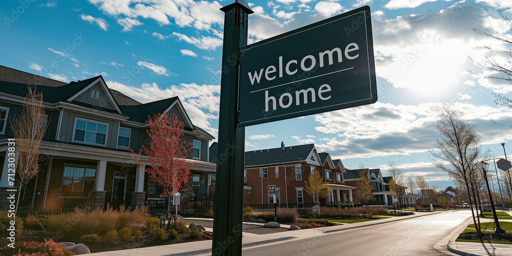 sign welcome home and new houses on the background