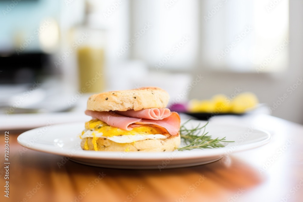 english muffin egg sandwich with ham and melted cheese on a plate english muffin egg sandwich with ham and melted cheese on a plate
