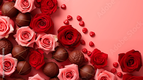 Valentines day composition with red roses  chocolate candies and confetti. Greeting card for Mother s Day  birthday  wedding. Romantic background.