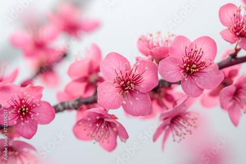 Closeup Of Vibrant Pink Cherry Blossoms Against A White Backdrop.   oncept Macro Photography  Nature s Beauty  Floral Delights