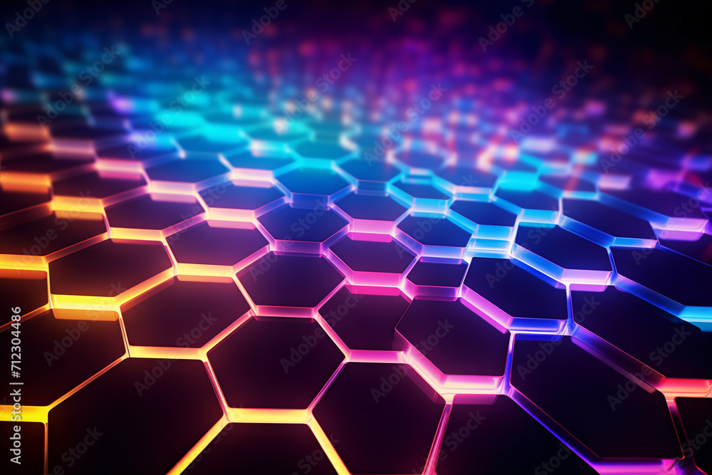 3D Realistic Hexagons Pattern Texture with LED Neon Lights - obrazy, fototapety, plakaty 