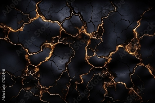 Abstract Black and Gold Background with Golden Cracks and Splashes