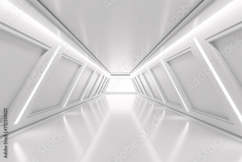 Empty Long Light Corridor  Futuristic Modern White Sci-Fi Triangle Tunnel Background