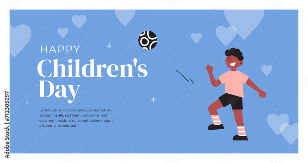 Happy Children’s day design template. Young soccer boy playing football kicking ball. Child exercising sport game. Web banner, greeting card, childhood poster. Kid leisure activity vector illustration