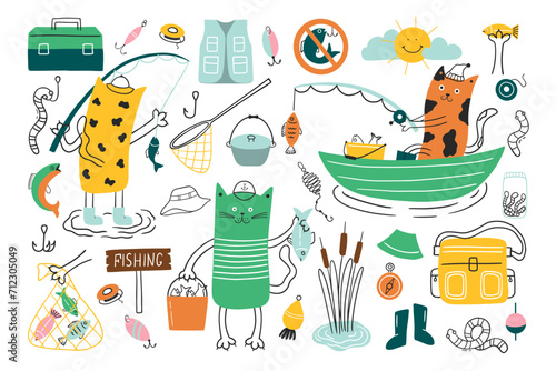 Funny cats fishing. Vector set consisting of fishing nets, hooks, spoons, worms. 