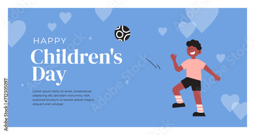 Happy Children   s day design template. Young soccer boy playing football kicking ball. Child exercising sport game. Web banner  greeting card  childhood poster. Kid leisure activity vector illustration