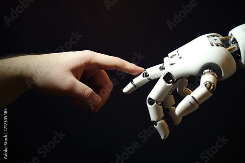 Symbolic Touch Between Human And Robot Fingersepicting The Blending Of Technology And Humanity. Сoncept Technology And Humanity, Blending Of Worlds, Human-Robot Interaction, Symbolic Gestures