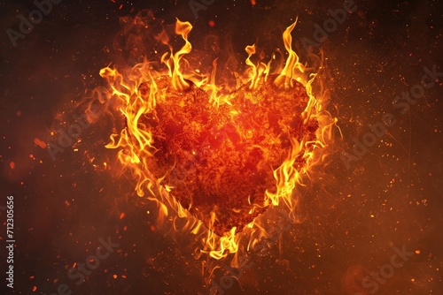 Valentines Day Representation With Fiery Heart Made Of Flames And Lava. Сoncept Romantic Dinner Setting, Handmade Love Cards, Heart-Shaped Chocolates, Beautiful Flower Arrangements