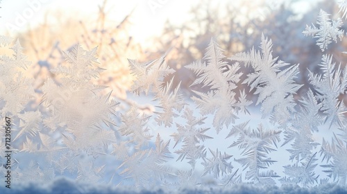 A close-up of frost crystals on a windowpane, forming delicate patterns of ice. The frost creates an intricate and beautiful design.