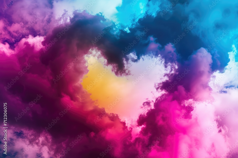 Vibrant Valentines Heart Formed By Clouds Creating An Abstract Backdrop Bursting With Color. Сoncept Spring Blossoms, Beach Sunset, Forest Hiking, Urban Street Art, Mountain Adventure