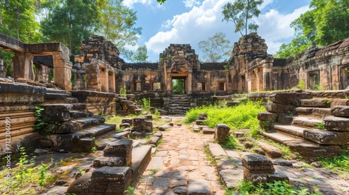 Ancient temple ruins surrounded by lush greenery under a clear blue sky, showcasing historical architecture and nature reclaiming the site