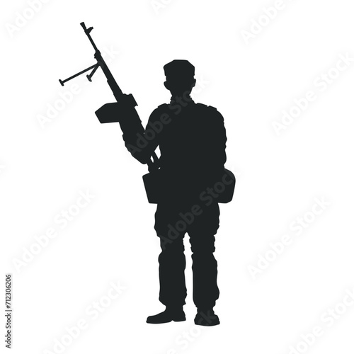 Isolated silhouette of a soldier with a machine gun. Black drawing of a gunner with a weapon. Veteran portrait of special force