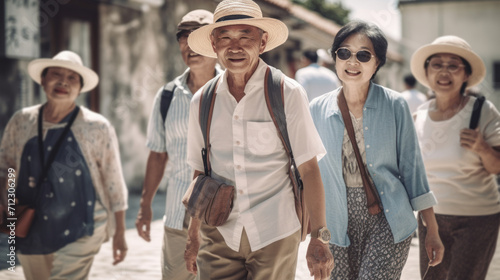 group of retired senior japanese tourists in mediterranean town doing sightseeing photo