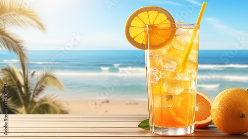 glass of orange juice on beach