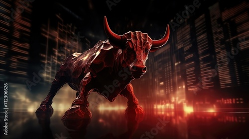 big giant fierce bull with Stock Market with light background, Bullish position, Generative Ai photo
