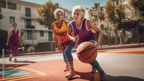 senior friends of different cultural ethnicities play basketball together - modern grandmothers photo