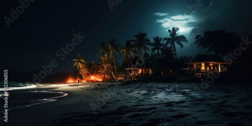 Tropical beach at night with palms and bungalows. Seascape. Generative AI