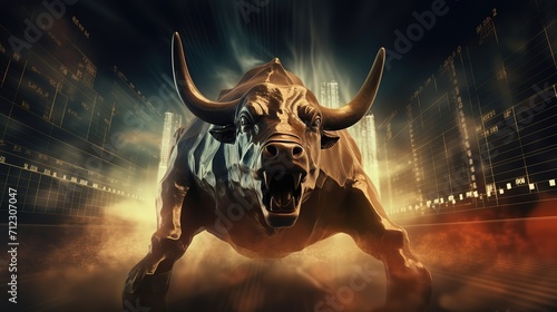 big giant fierce bull with Stock Market with light background  Bullish position  Generative Ai