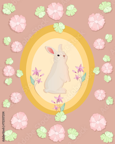 Vector hand drawn cosmetic herbs . Vintage trendy botanical elements. Hand drawn line leaves branches and blooming. Vector trendy Rabbit. Rabbits design. Easter print. Bunny. Bunnies.