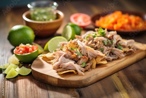 freshly made carnitas on wooden board, juices pooling