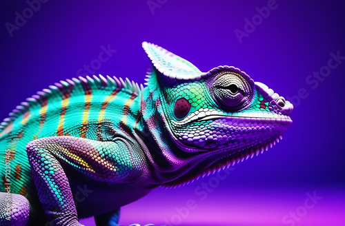 chameleon in neon light on purple background close up side view