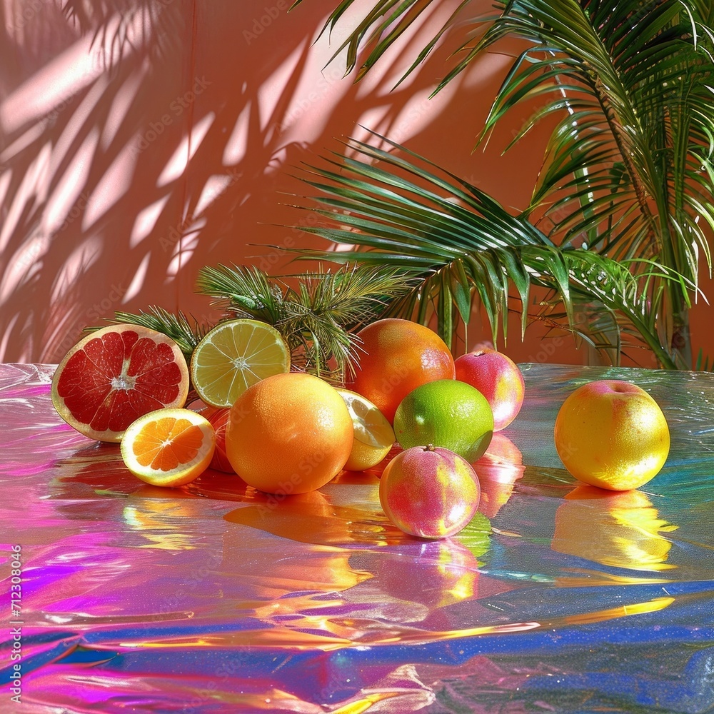 exotic citrus fruits and palm leaves on shiny metallic background. Generative AI exotic citrus fruits and palm leaves on shiny metallic background. Generative AI