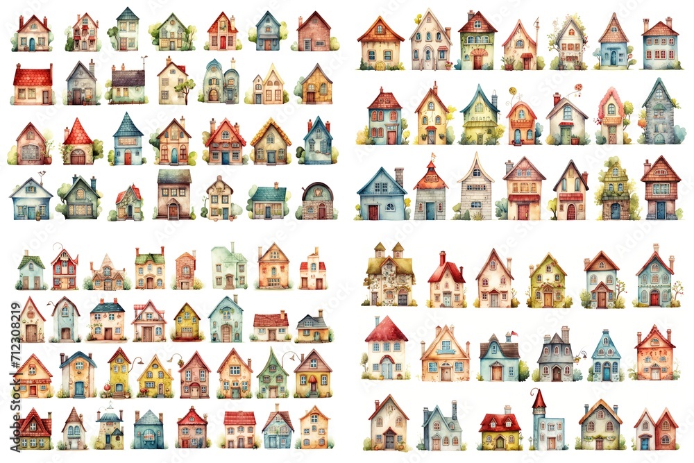 watercolor cartoon illustration collection set, fairytale garden house, isolated on white background, idea for sticker and junk journal clipart, Generative A