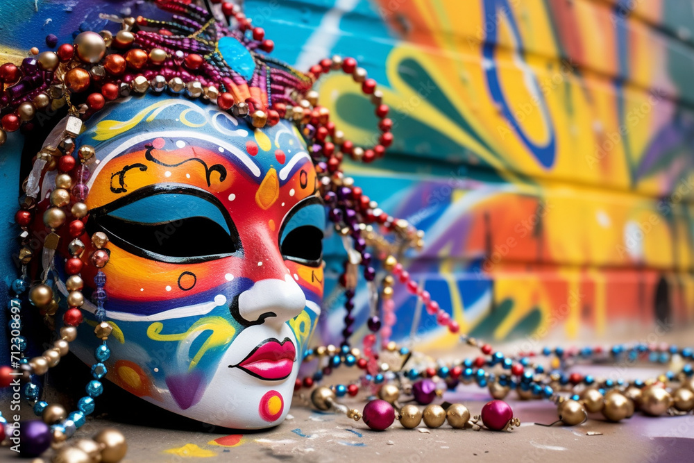 Banner consisting from traditional species carnival mask in beads for celebration holiday Purim, Ai generated