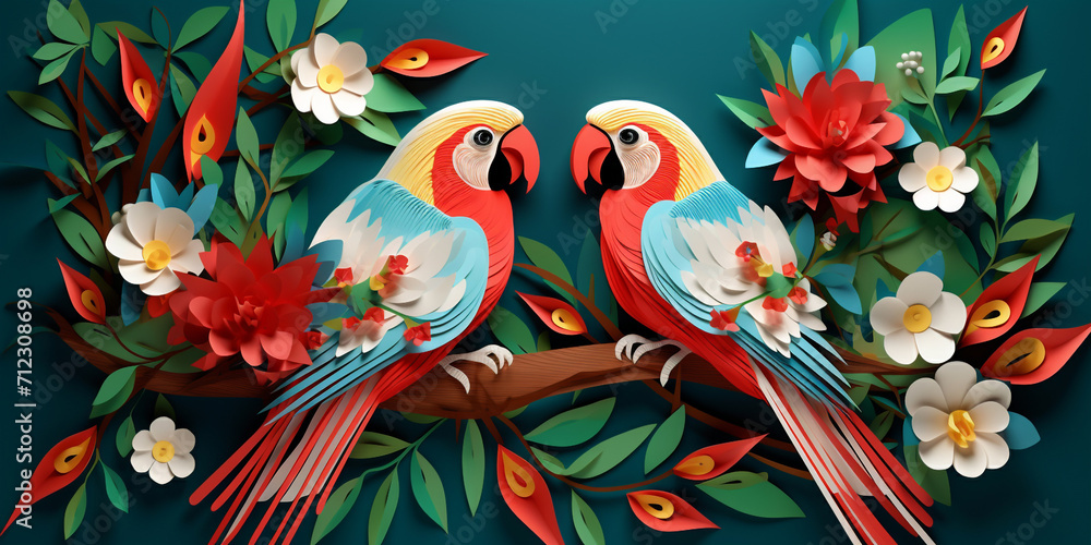 A colorful display of parrots is displayed on a blue background.