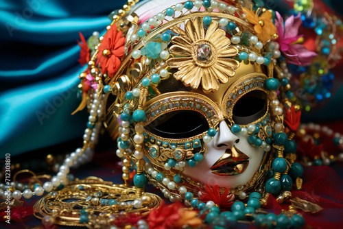 Banner consisting from traditional species carnival mask in beads for celebration holiday Purim, Ai generated