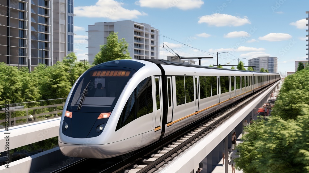 Naklejka premium Futuristic green hydrogen-powered train, clean electricity for sustainable buildings, banner